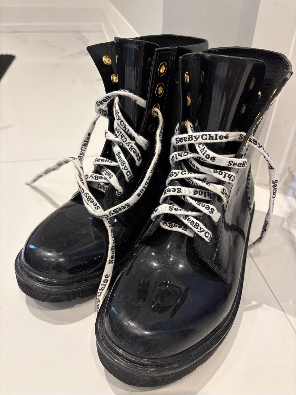 See By Chloe Black Patent Lace-Up Ankle Boots with Branded Laces